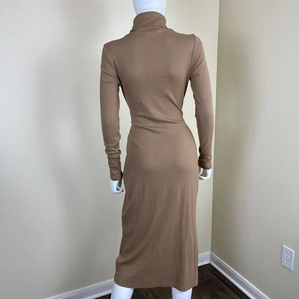 Ralph Lauren Womens Size M Camel Tie Front Turtleneck Sweater Bodycon Midi Dress